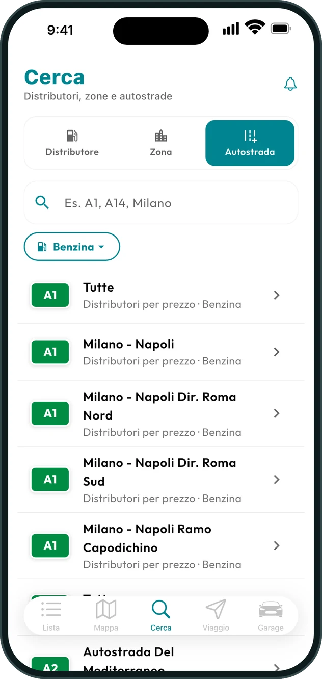 Scheda Cerca con le autostrade e i loro cartelli