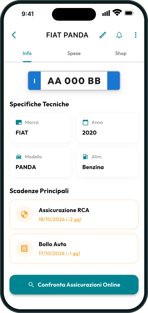 Garage con le scadenze di bollo, assicurazione e revisione
