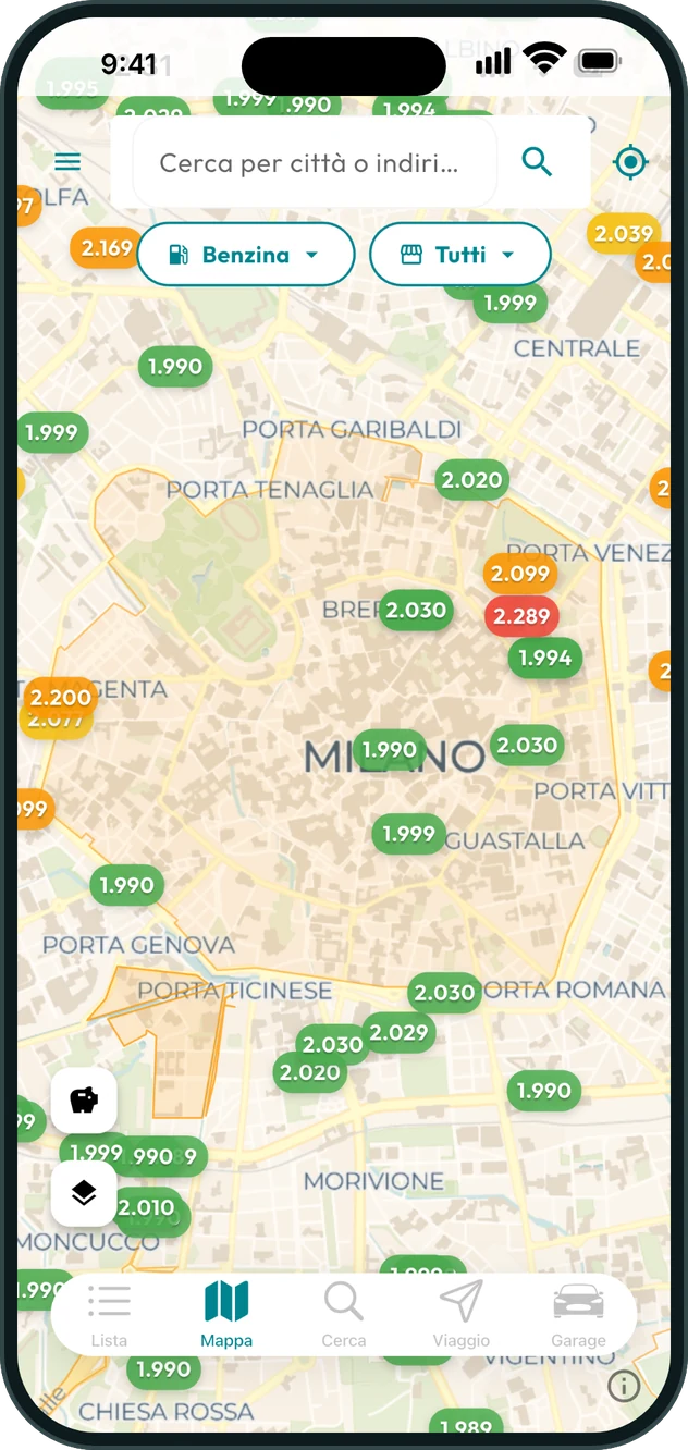 Mappa con i prezzi dei distributori colorati per convenienza