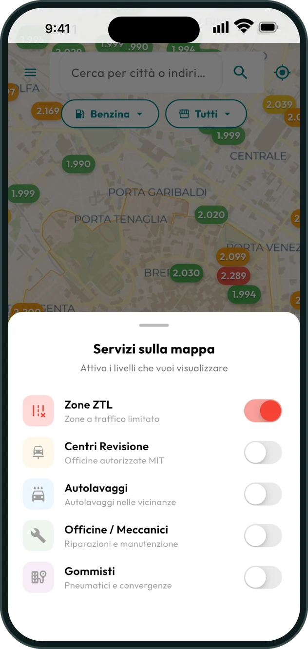 Mappa con ZTL, centri revisione e autolavaggi