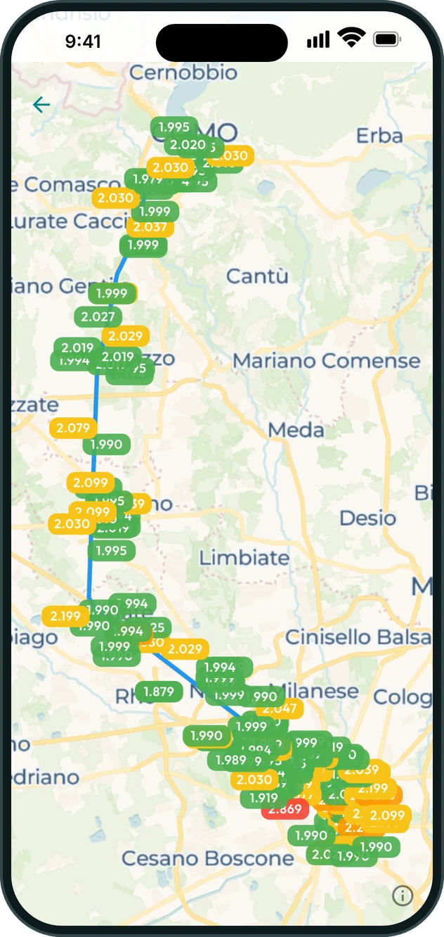 Percorso con i prezzi dei distributori lungo la strada